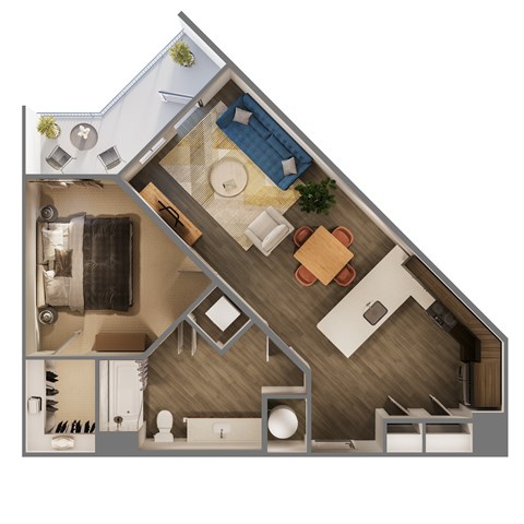 Floor plan for 1 bed, 1 bath, 704 sqft